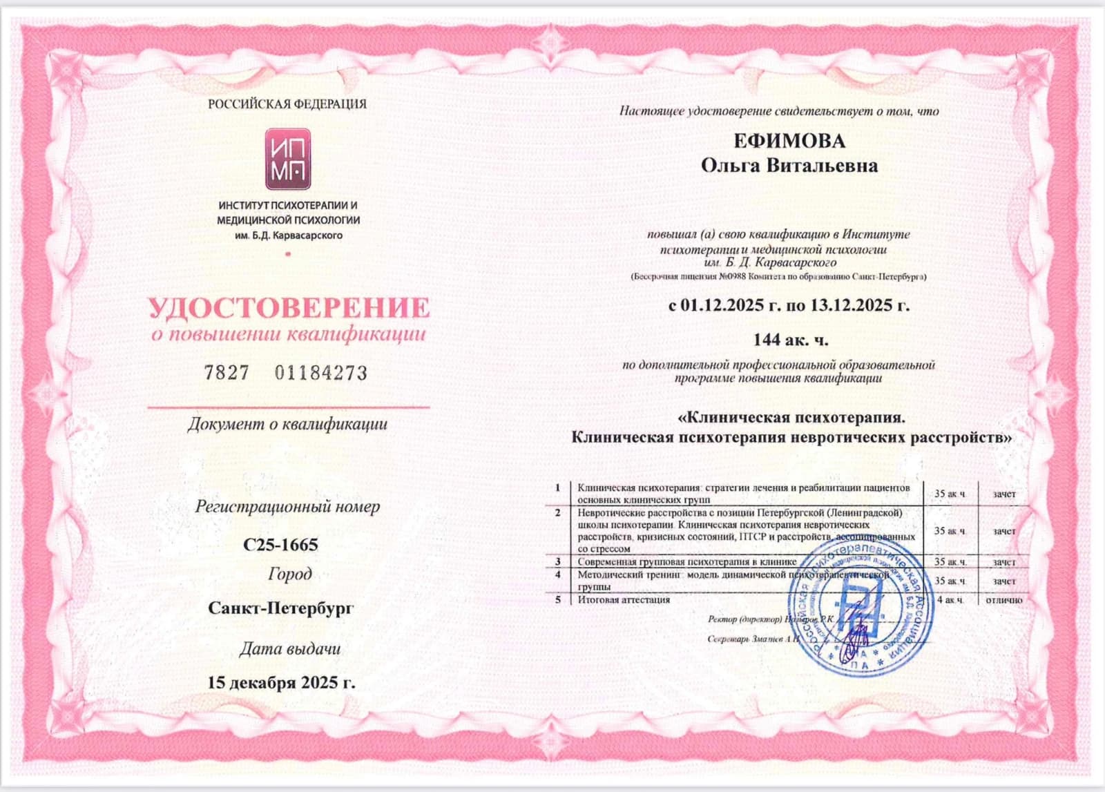 Диплом Институт психотерапии и медицинской психологии им. Б.Д. Карвасарского